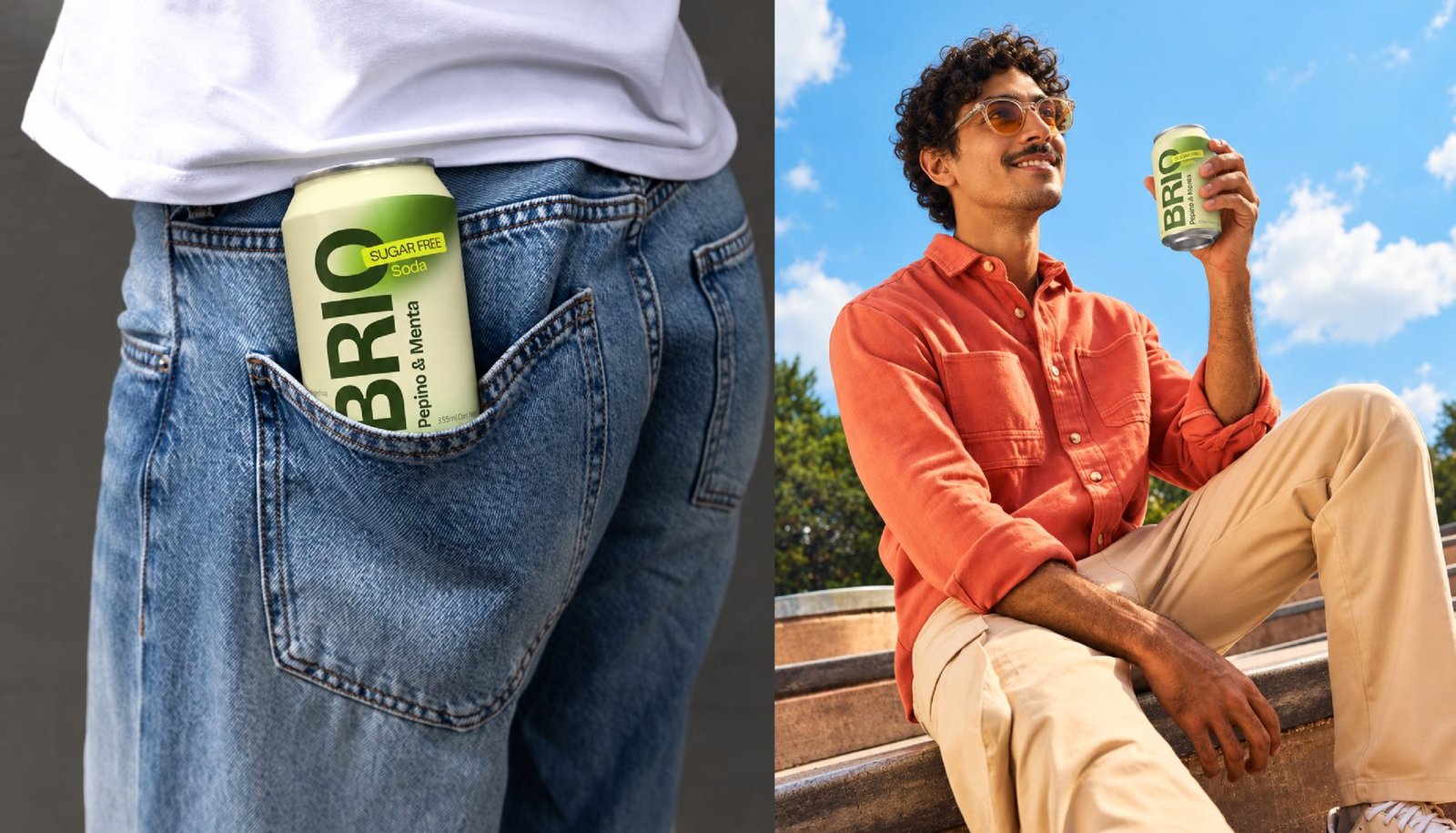 Lata de Brio en el bolsillo de un jean y persona tomando Brio al sol