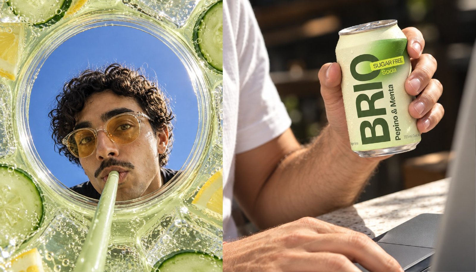 Persona tomando con sorbete a través del vaso y lata de Brio junto a una laptop