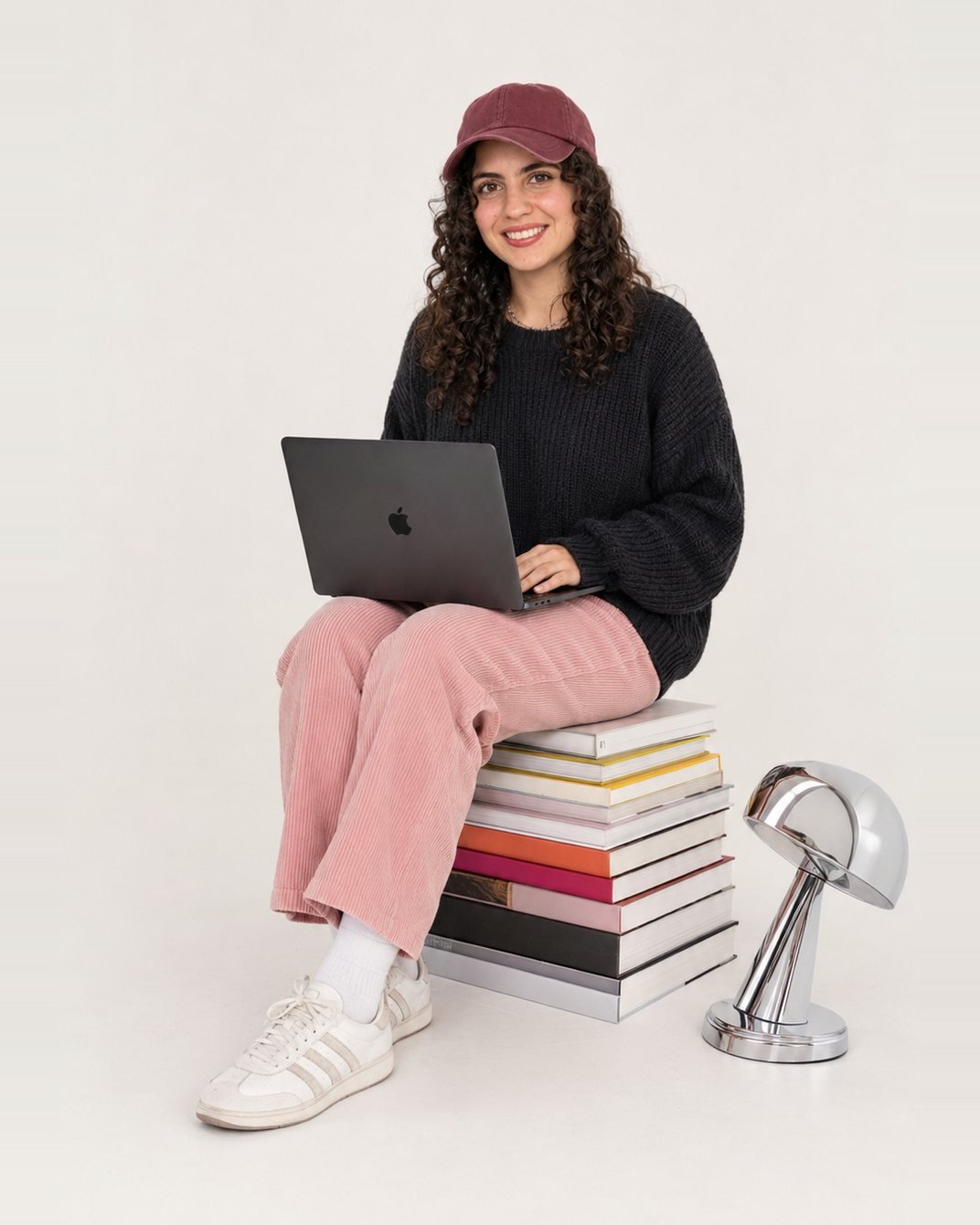 Camila Parra, diseñadora y directora creativa de Casa Tita Estudio, sentada sobre una pila de libros con su computadora