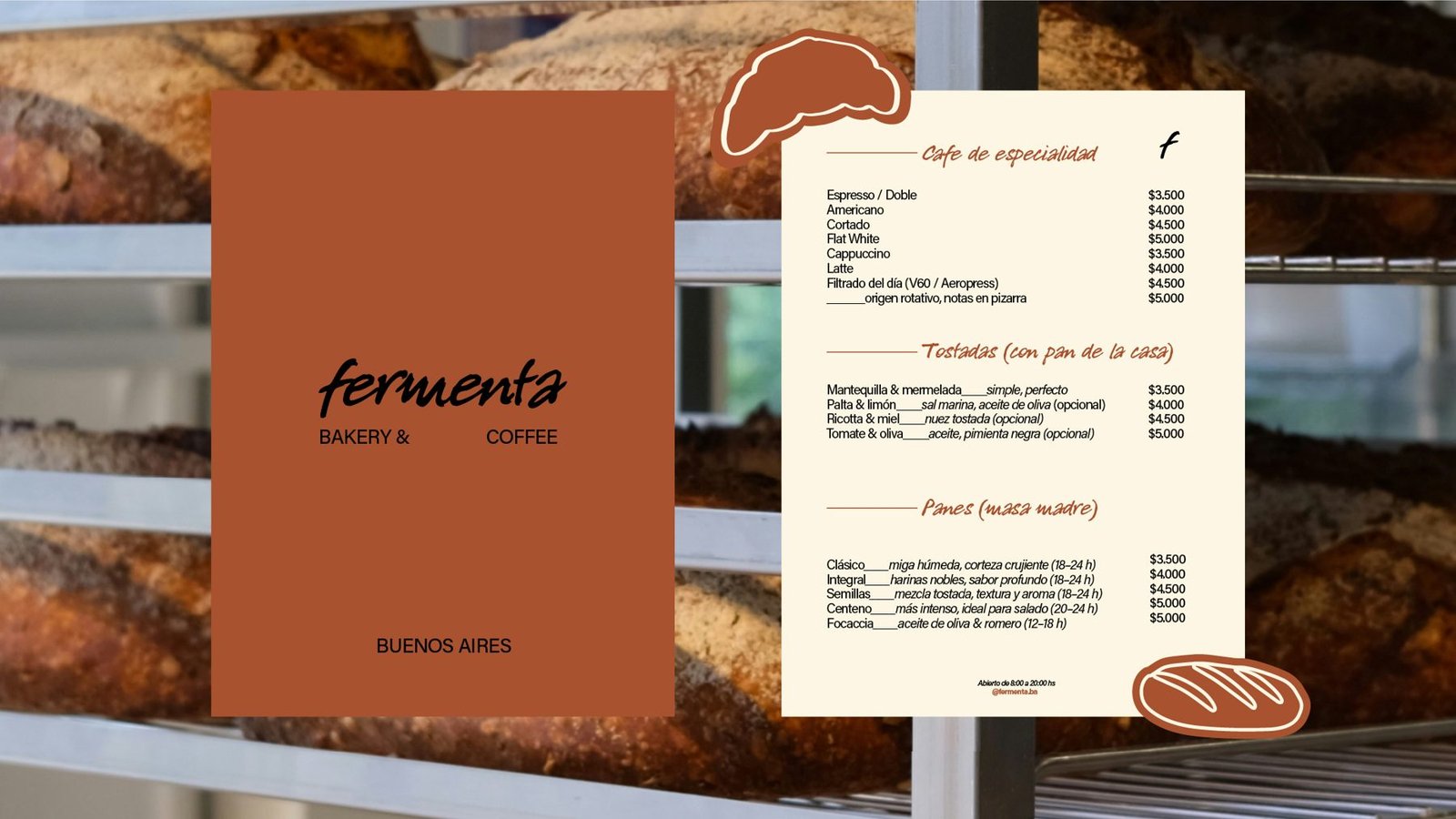 Tapa y menú de Fermenta frente a estantes de pan