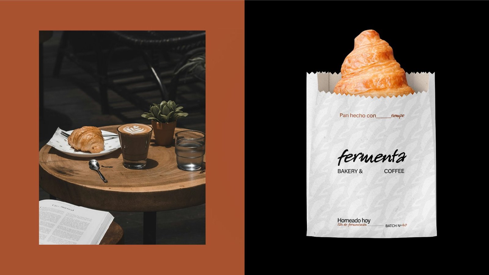 Mesa de café con croissant y bolsa de papel de Fermenta