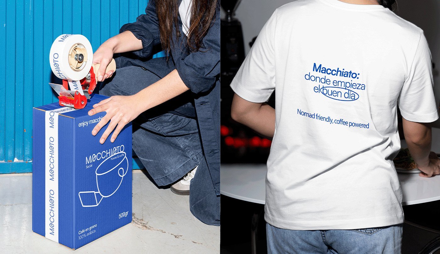 Caja de café en grano y remera del equipo de Macchiato