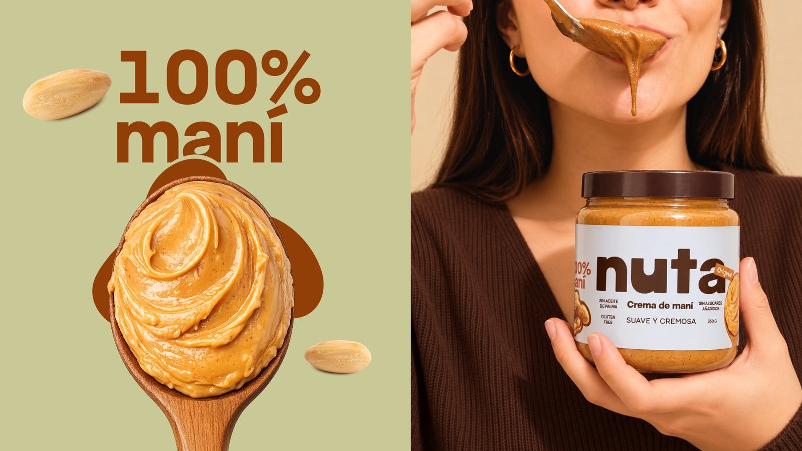 Pieza 100% maní con cuchara de crema y persona disfrutando un frasco de Nuta