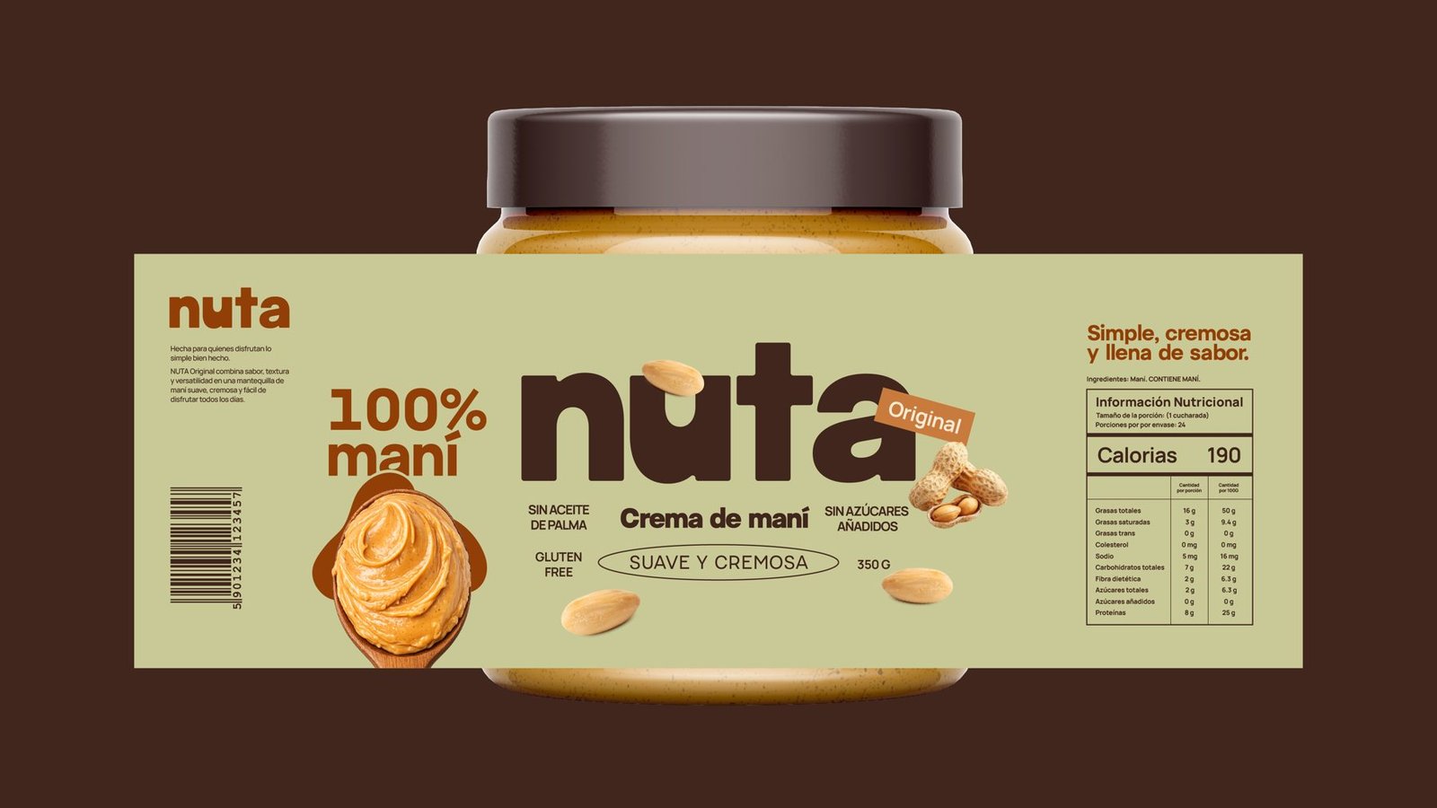 Etiqueta completa de Nuta desplegada frente al frasco