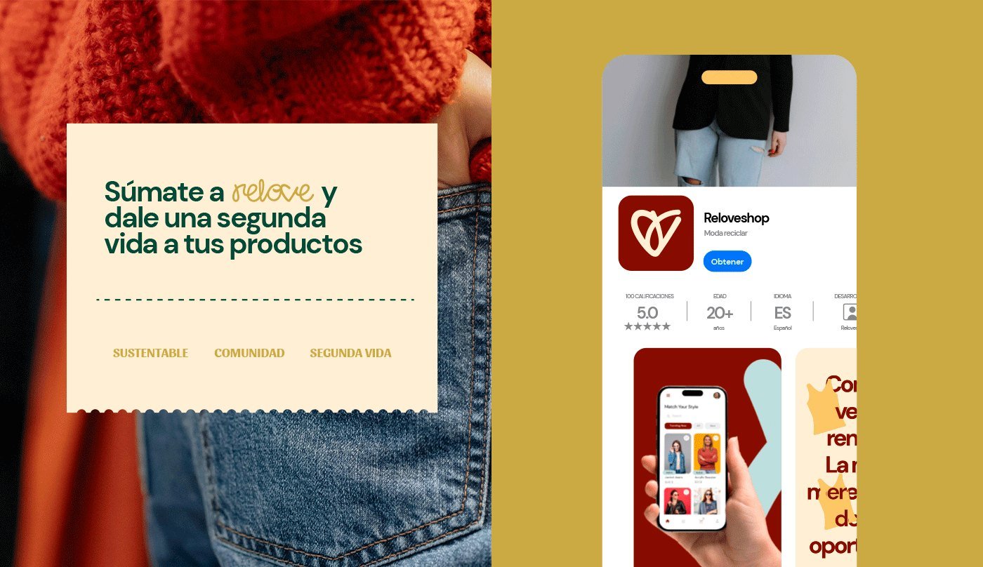 Pieza Súmate a Relove y ficha de la app en la tienda